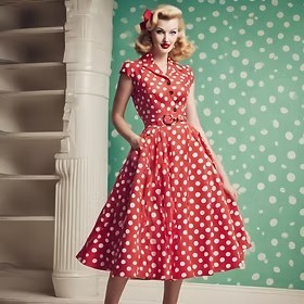 A full length shot in vibrant colours, of glamorous model wearing a 1950s polka dot dress